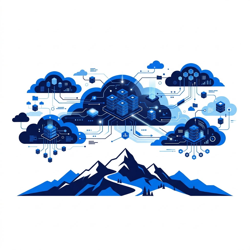 Abstract rendering of modern tech infrastructure and mountains
